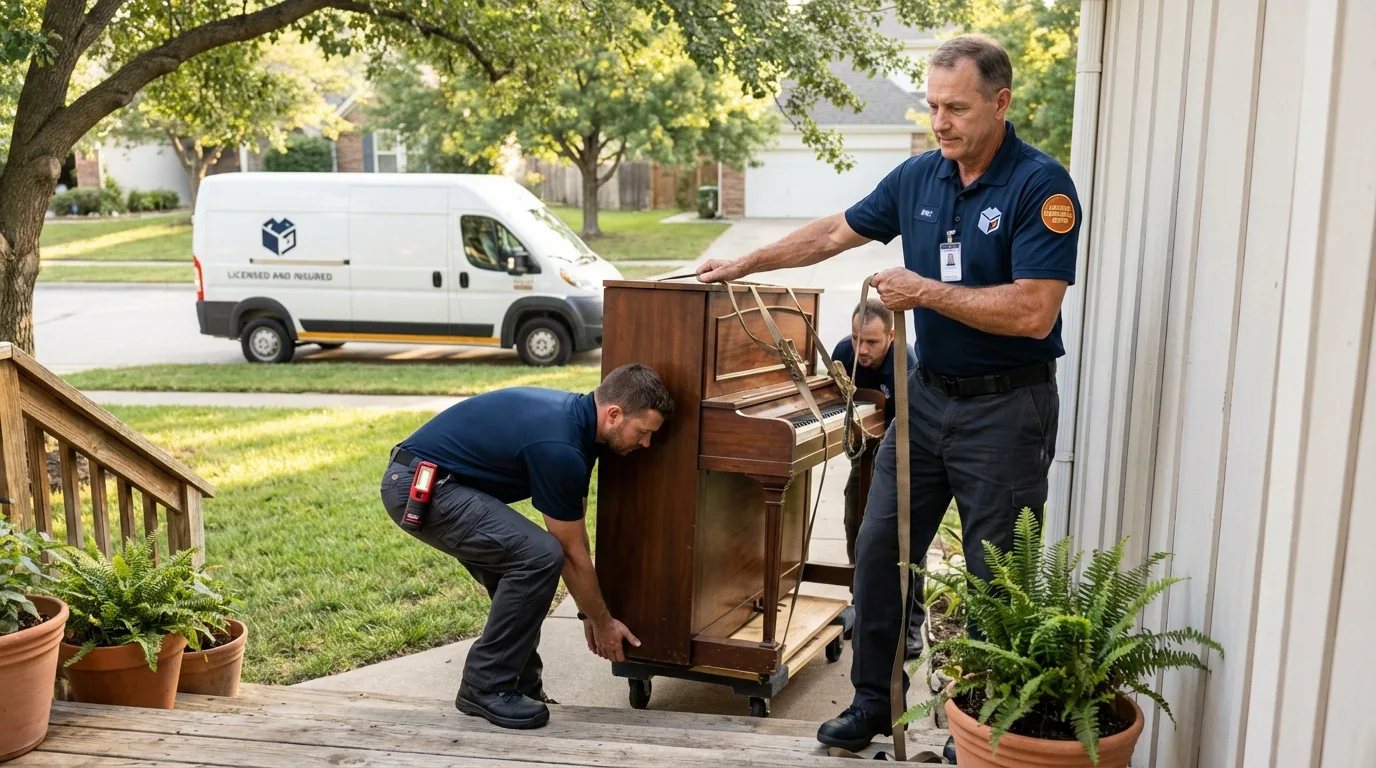 Licensed piano movers securing grand piano in Lepanto, AR