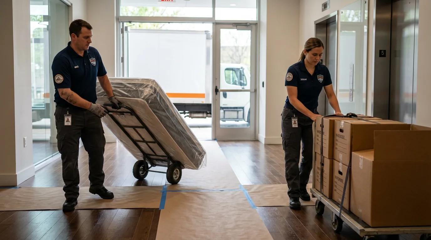 Professional apartment movers loading elevator in Lepanto, AR