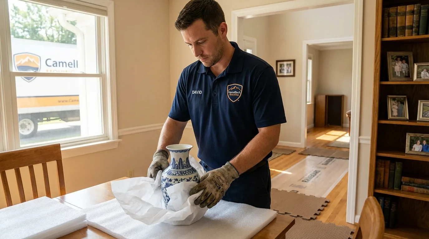 Professional crew carefully wrapping antique vase for senior downsizing move in Lepanto, AR