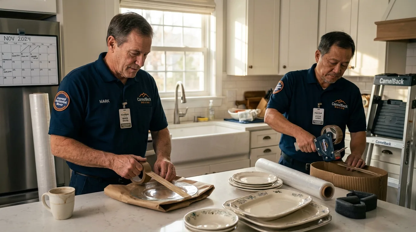 Professional crew packing kitchen dishware in Lepanto, AR